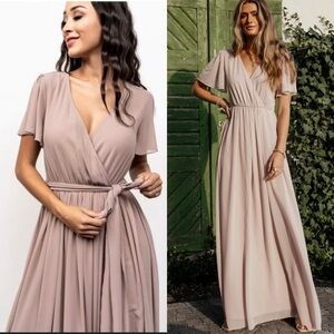 BOHME Josie Taupe Maxi Dress XL Flutter Sleeve Faux Wrap Belted Bridesmaid Party